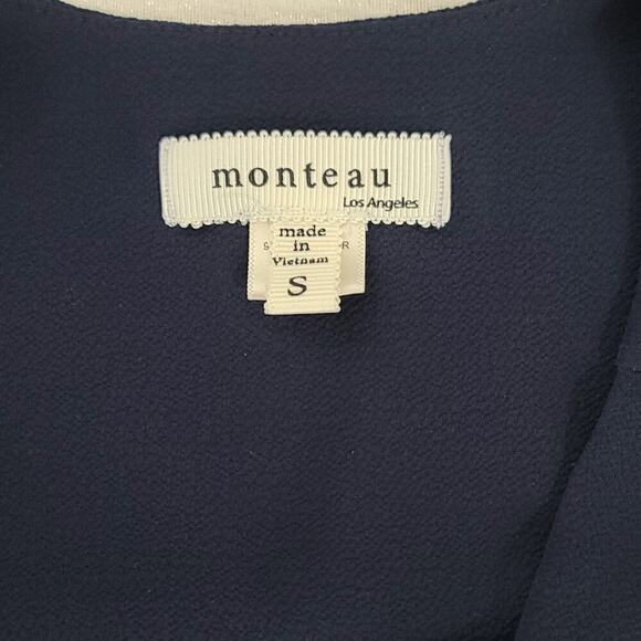 Monteau ladies ruffle cap sleeve faux wrap peplum top blue Size Small office - Picture 5 of 7